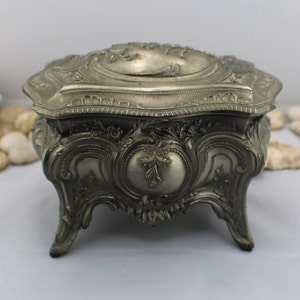 Vintage Silver Tone Decorative Jewelry Box Trinket Box Japan Metal Box on legs Floral Design, Red inside Container Storage Organizer Case 1G