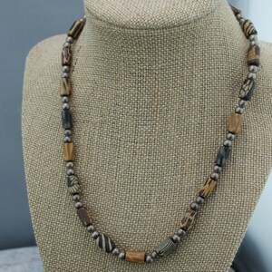 Sterling silver 925 Vintage Beads Ball Balls Necklace Brown Cylinder Jewelry Modernist *626