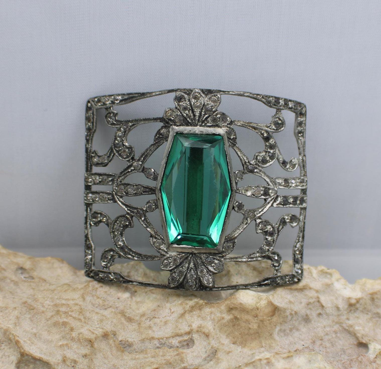 Antique Filigree Rectangle Belt Buckle with Purple and Green Stones! Gorgeous! Vintage MGC Silver Tone Stones CZ Faceted Green Purple  main image 3