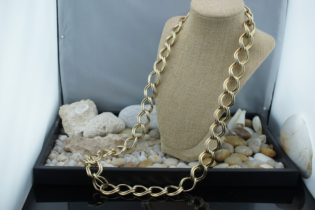 Large Chain Rings Heavy Chain Vintage Gold Tone Big Rings Link Chain Necklace Art Deco ...