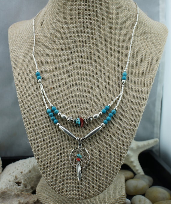Dreamcatchers Vintage Native American Navajo Turquoise Sterling Silver Necklace Dreamcatchers Vintage Native American Navajo Turquoise Sterling Silver Necklace