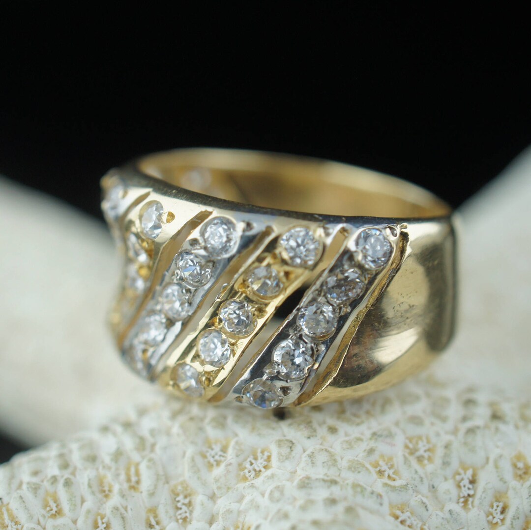 Vintage Solid 18k Solid Yellow Gold Ring Shiny Faux Diamonds, Wide Ring ...