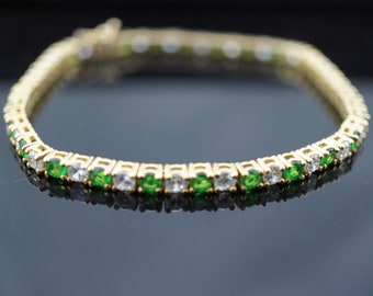 Sterling Silver 925 Vintage Art Deco Bracelet Tennis Link Green Clear cz Modernist 7  1/4'' Long Art Deco st1120