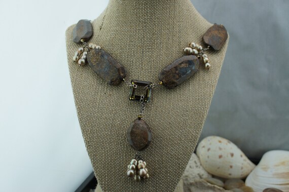 Collier Sautoir En Argent Massif 925 - Maille Art Nouveau Avec Perle Verte | Occasion, Bijou Vintage