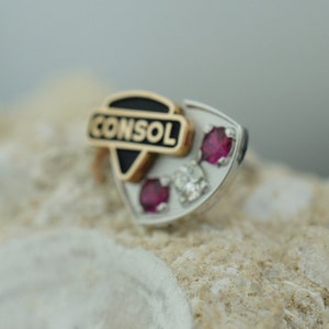 Vintage 10K CTO Consol White Yellow Solid Gold Pin Enamel Small Brooch Decorated Pink CZ Clear SH