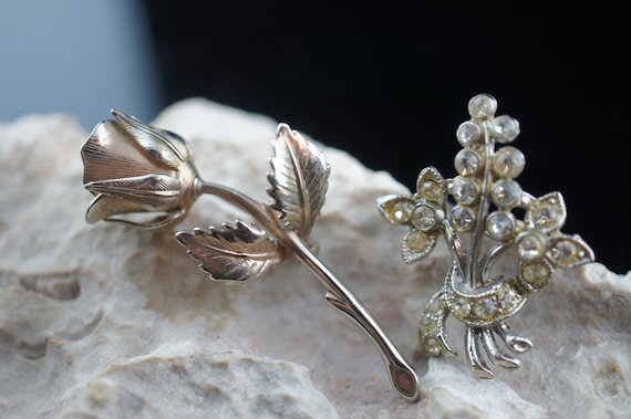 Silver 925 Rose Flower Design ブローチ Set of 2 Brooch Flower Rose Bouquet Art Deco Jewelry Silver