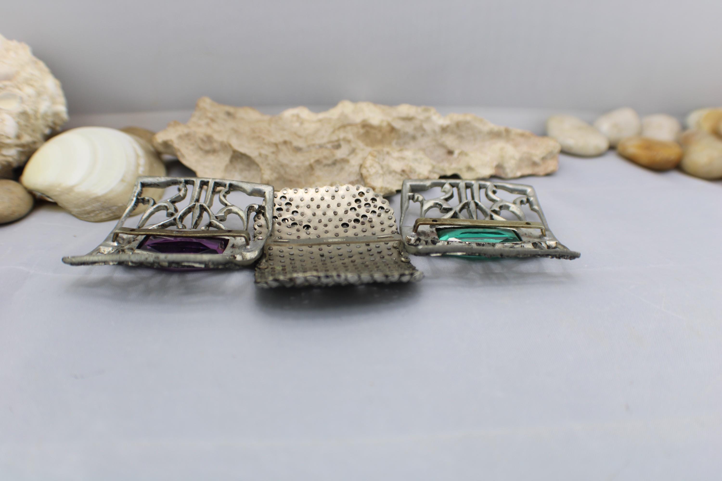 Antique Filigree Rectangle Belt Buckle with Purple and Green Stones! Gorgeous! Vintage MGC Silver Tone Stones CZ Faceted Green Purple  main image 4