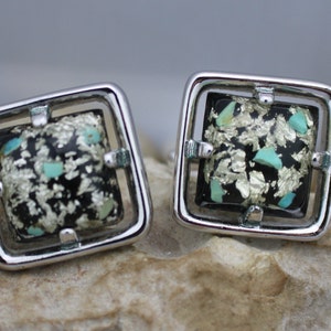 Silver Tone Hickok Epoxy Resin Blue White Speck Cufflinks Vintage Art Deco Jewelry circa minimalist Modernist Graceful can192