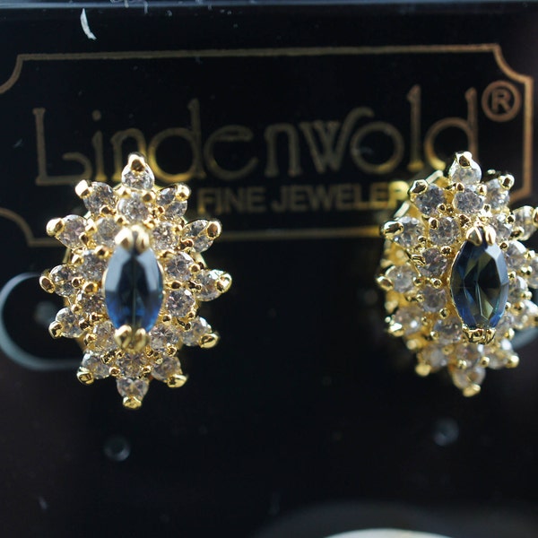 Lindenwold Fine Jewelers Rhinestone Earrings Gold Tone Bridal  Jewelry Clear Blue CZ Crystal Oval Style Cluster Vintage Estate Jewelry sa52