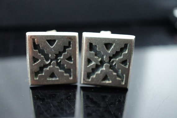 Paire De Boutons De Manchette Vintage Modernistes En Argent Sterling - Design Géométrique, Taxco (Mexique)
