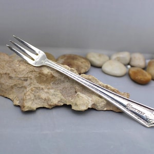 May include: A silver fork with three tines, resting on a piece of rough, brown stone. The handle is engraved with the word "Roosevelt" in an elegant font. The fork is a vintage piece, likely for serving appetizers or desserts.
