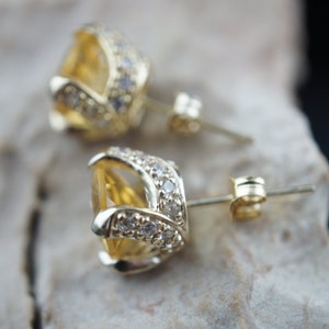 Thai Earrings sterling silver 925 gold vermeil Art Deco Jewelry Vintage stud gold stone cz  circa minimalist handmade P204