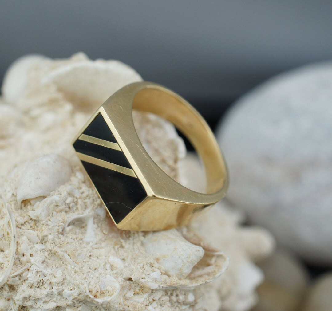 ORO SOLIDO 14k Anillo para hombre Piedra negra Onyx Anillo vintage Joyeria Coleccionable Tamano 6.5 banda redonda Signet Etsy Mexico