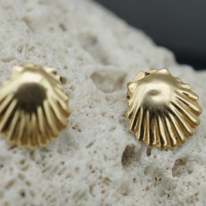 May include: A pair of gold-colored seashell stud earrings. The earrings are small and delicate, and they are perfect for adding a touch of elegance to any outfit.