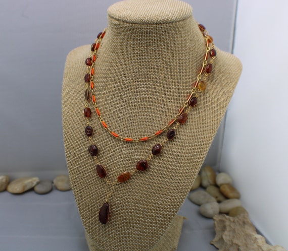 Necklace chain set 2 necklaces beads brown faux s… - image 1