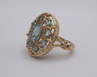 Vintage SOLID GOLD 14k W Solid Gold  Ring Yellow Light Blue Stone Diamond Jewelry Collectable Size 6 wedding band engagement