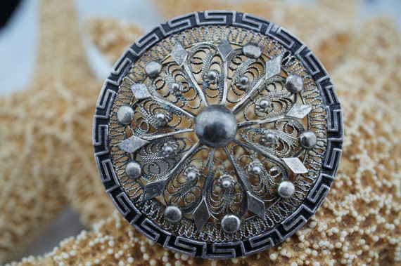 Broche Ronde Argent Filigrane Art Déco - Travail Ajouré - Argent 925