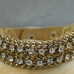 ladies Antique Leather Gold Bracelet  CZ Snap Clasp Weaving Vintage Art Deco Jewelry Modernist sa278