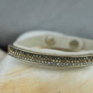 ladies Antique Leather Gold White Bracelet CZ Snap Clasp Vintage Art Deco Jewelry Modernist sa302
