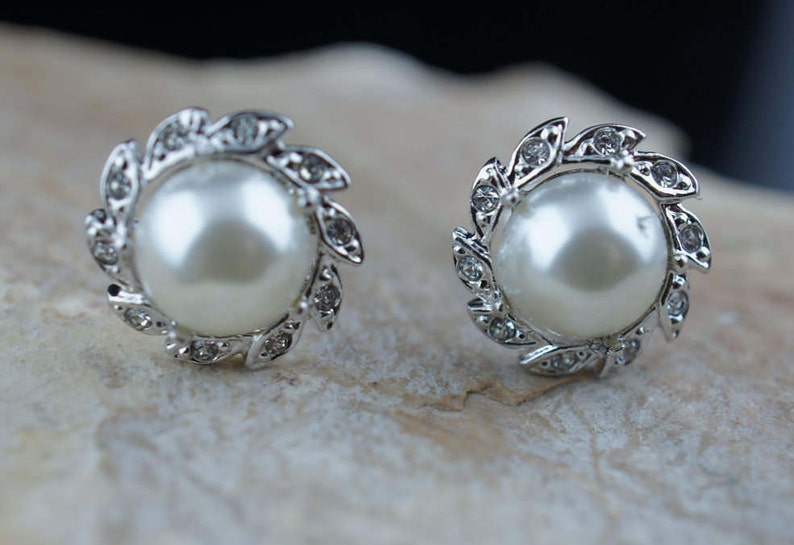 Vintage Art Deco Bolt Stud Earrings Silver Tone With Cz Pearl Etsy