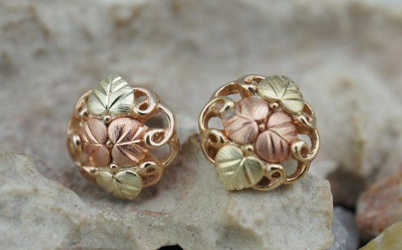 10k Solid Gold Earrings Stud Piercing Tricolor Ye… - image 1