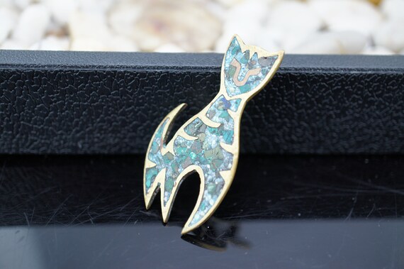 Broche Ancienne En Argent 925 Taxco Art Déco - Chat Avec Turquoise, Occasion