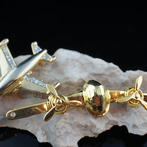 Set of 2 brooch airplane with moving propellers gold airplane  decorated with cz Deco Jewelry   Modernist Graceful  a132