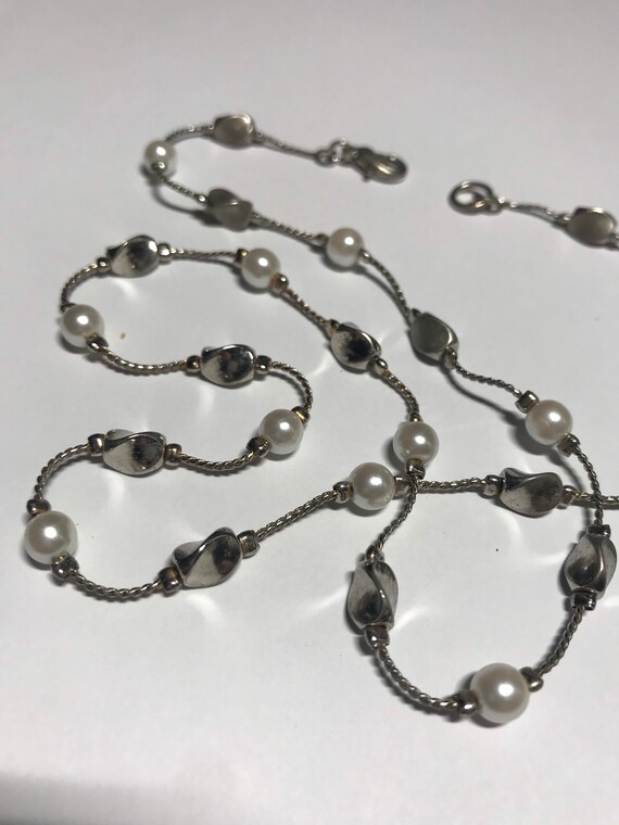 Necklace Chain Beads Faux Pearls Silver Beads Lov… - image 4