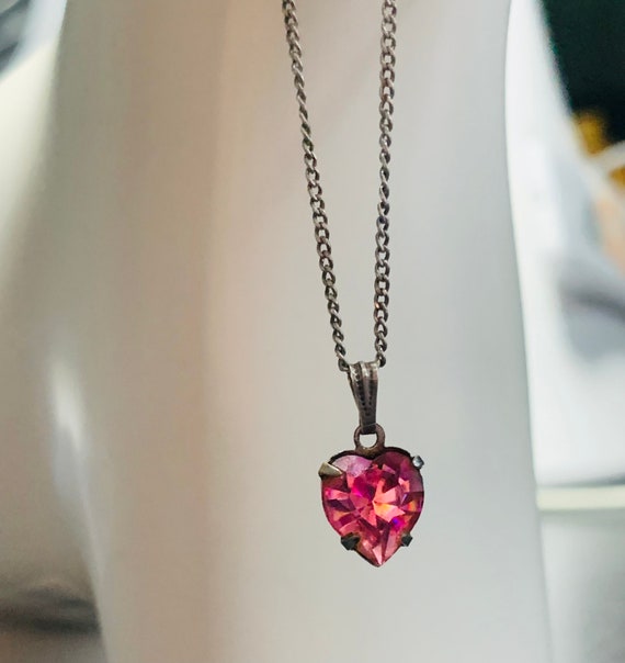 Pink Fuchsia Crystal Heart Necklace Sterling Silver Pink Fuchsia Crystal Heart Necklace Sterling Silver