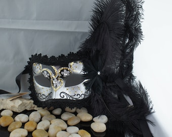 Half-fase Art Deco Masquerade Ball Mask Feather Black Gold Silver Venezia Made Italy Venetian Original Carnival Hand made Commedia Dell Arte