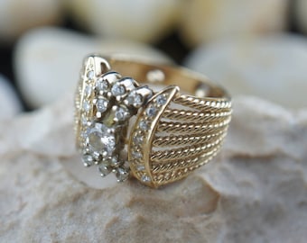 SOLID Gold 14k Diamond Yellow Gold Art Deco Vintage Ring Jewelry Collectable Size 4.5-5 Wide 2/4'' band Coctail Engagement bridal Wedding OI