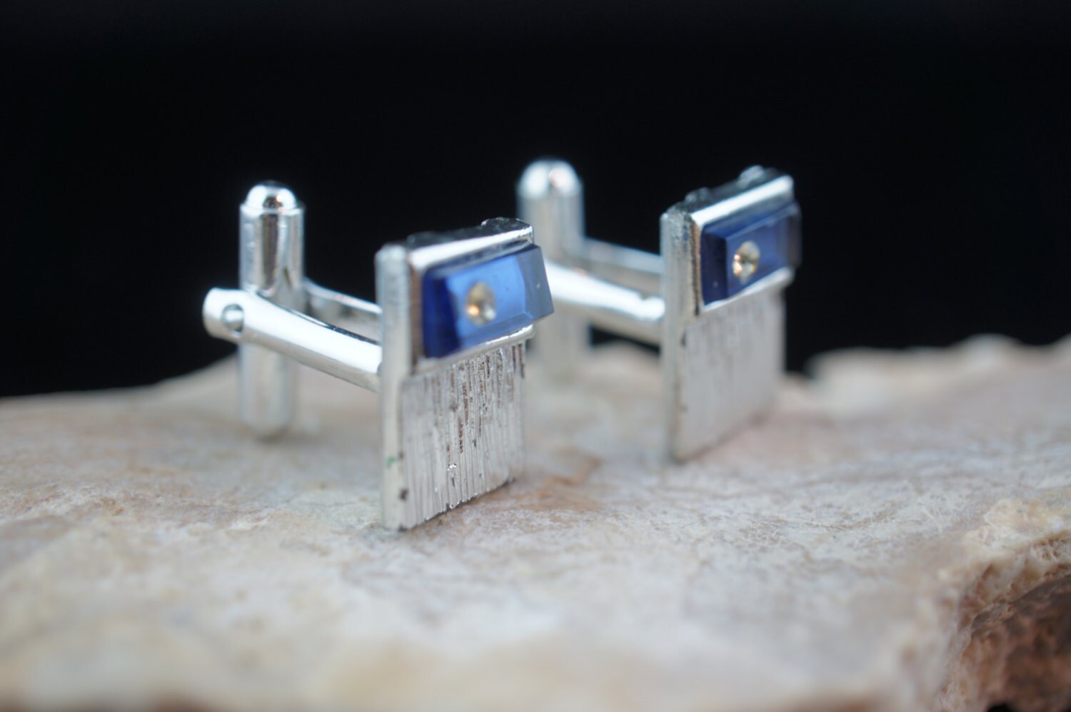 Boutons De Manchette Vintage Style Art Déco - Forme Carrée, Doré Et Bleu - Paire