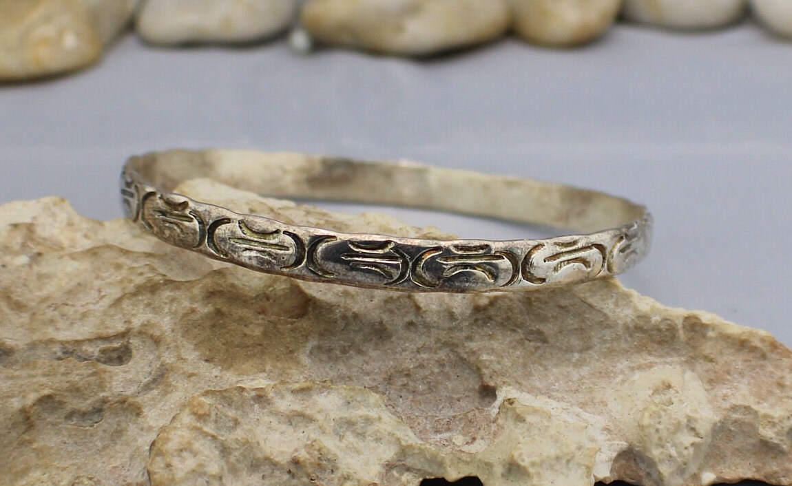 Vintage Silver Tone Bangle Bracelet, Marked Mexico Art Deco