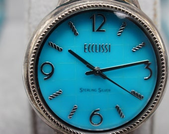 Vintage Wrist Beauty Turquoise Ecclissi Sterling Silver Ladies Watch QuartzStainless Steel Original Box CAN134