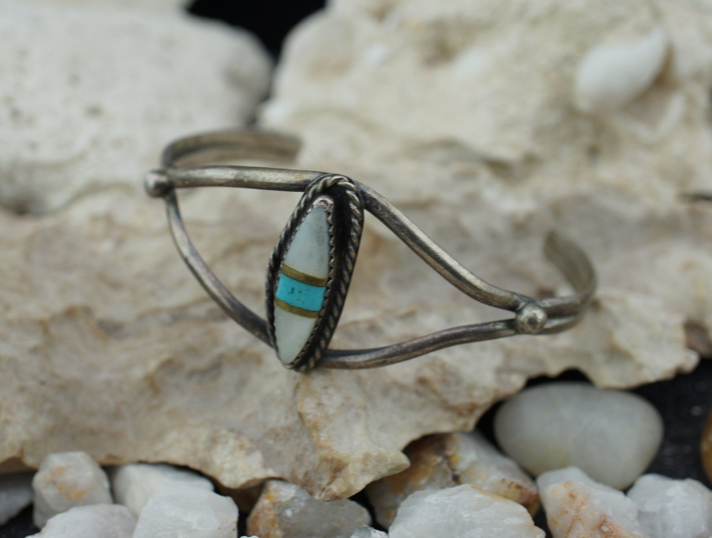 NAVAJO Sterling Silver Turquoise Shell Cuff Bracelet Native 
