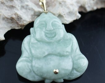 Vintage Art Deco Gold Solid 14k Yellow Gold A Happy Buddha Natural Carved Jade Pendant  Full body pendantP