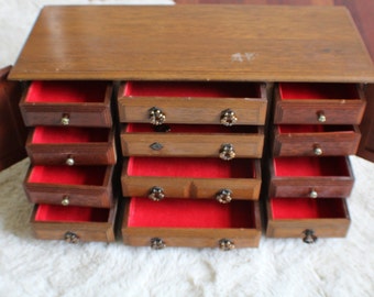 Vintage Elegant Drawers  Solid Wood Jewelry Case/Box Made in Taiwan - Table top Wood Dresser Design Jewelry Case Art Decor