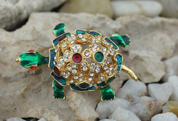 Brooch Turtle Art Deco Jewelry Gold Tone Green Re… - image 2