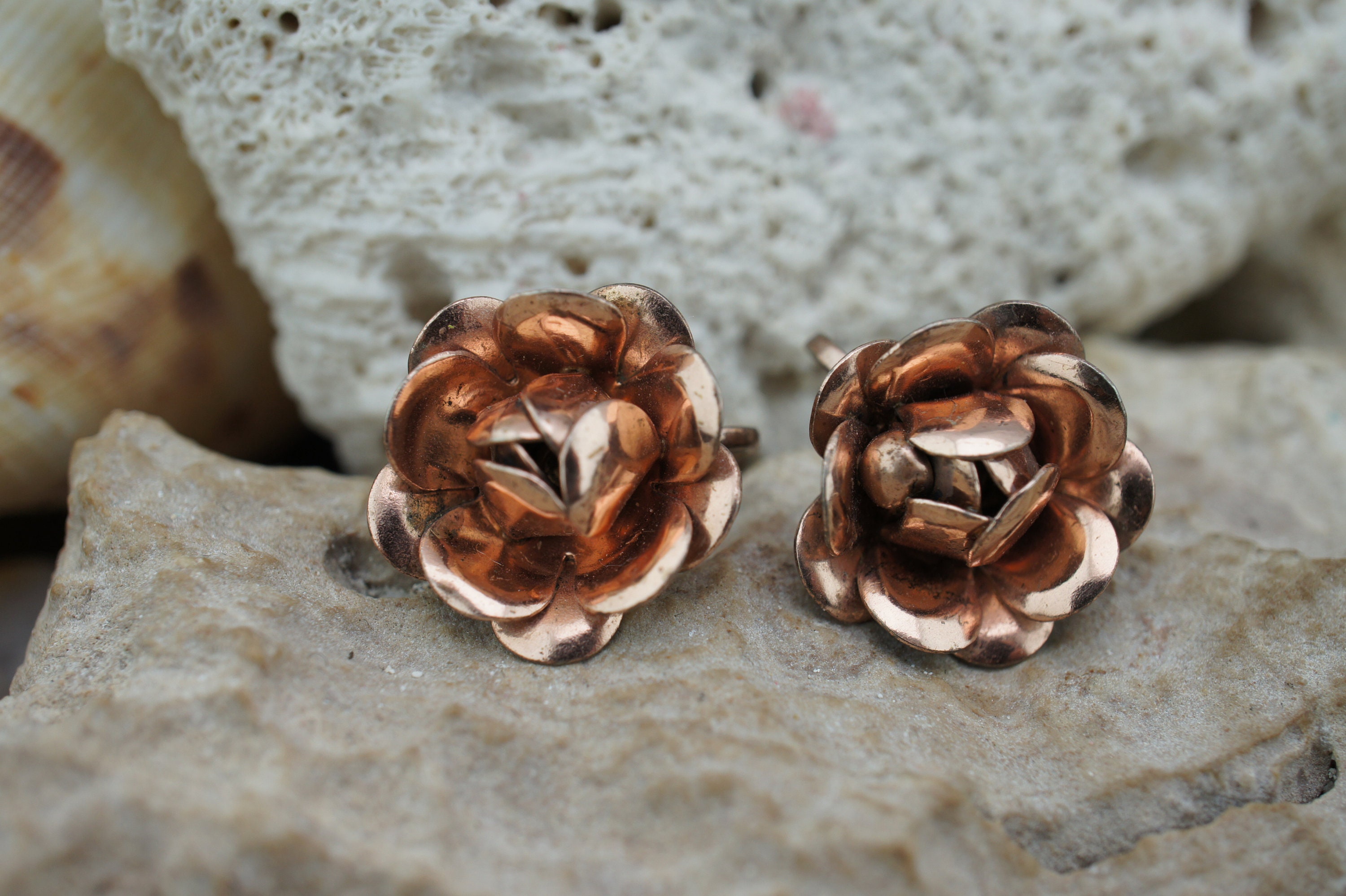 Boucles D'Oreilles Vintage Fleurs En Vermeil - Perles Grenats 15mm - À Vis - Occasion