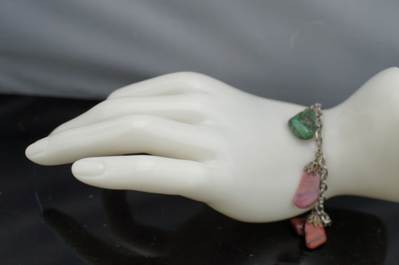 Vintage Charm Bracelet Silver Tone Charms Gemston… - image 3