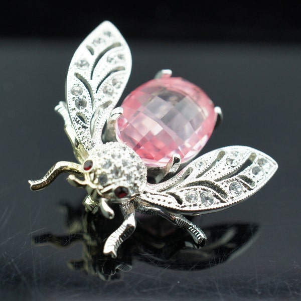 Jewelry Vintage Silver Tone Pink Glass Brooch CZ Bee Pin Circa Minimalist Modernist Graceful *552