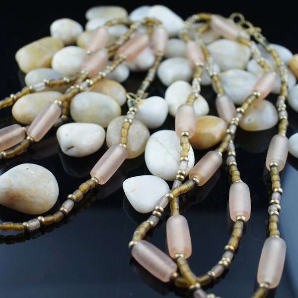 Collier colliers ensemble de 2 chaînes grosses petites perles cylindre barillet Art Déco bijoux vintage bege gold ton perles boule x125