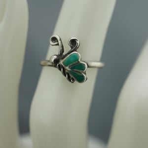 Sterling Silver 925 Vintage Ring Size 4 Green Stone Fly Dragonfly Butterfly Cocktail Statement Band Art Deco Jewelry 119SO
