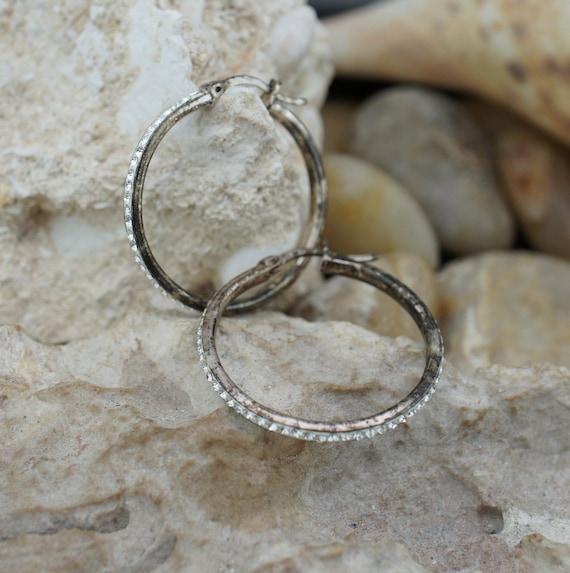 Sterling Silver 925 Hoop CZ Vintage Art Deco Pierced Earrings 