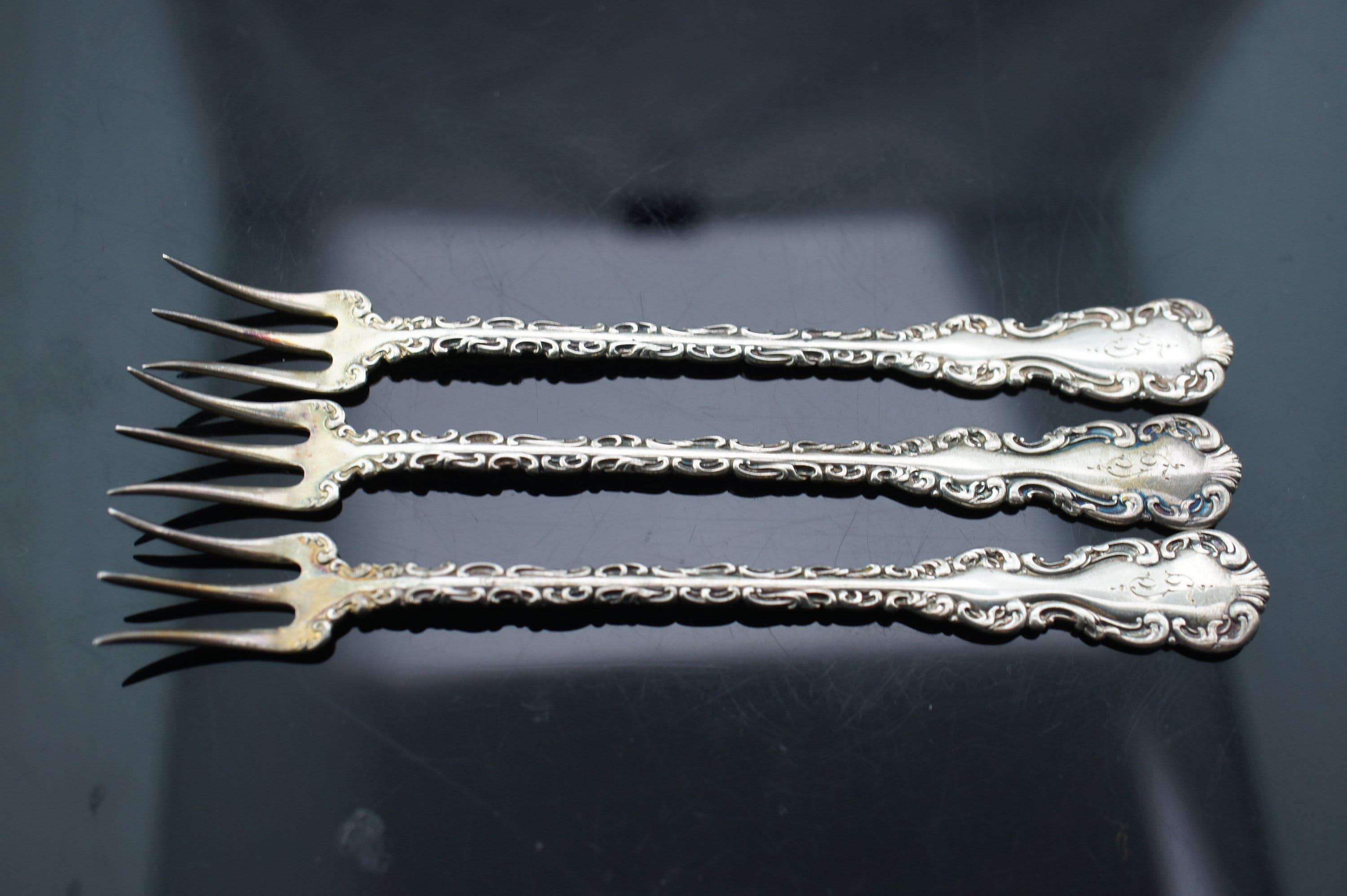 Antique Set of 3 Whiting Louis XV Sterling Cocktail Forks PAT