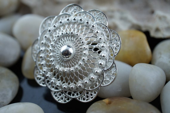 Broche En Argent 925 - Filigrane Et Perles - Occasion - Style Vintage élégant