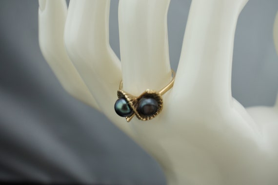 10K PC Yellow Solid Gold Ring With Black Pearls Stone Gemstone