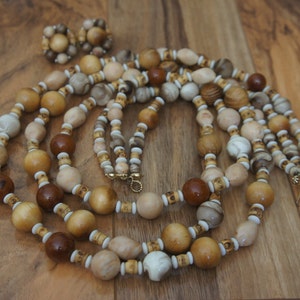 Estate Vintage Jewelry Necklace  Earrings Signed Marvella Wooden  Beaded Stones  Gold , Faux Pearls Long Vintage 3 Strand  L-001