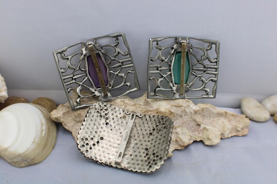 Antique Filigree Rectangle Belt Buckle with Purple and Green Stones! Gorgeous! Vintage MGC Silver Tone Stones CZ Faceted Green Purple  main image 2