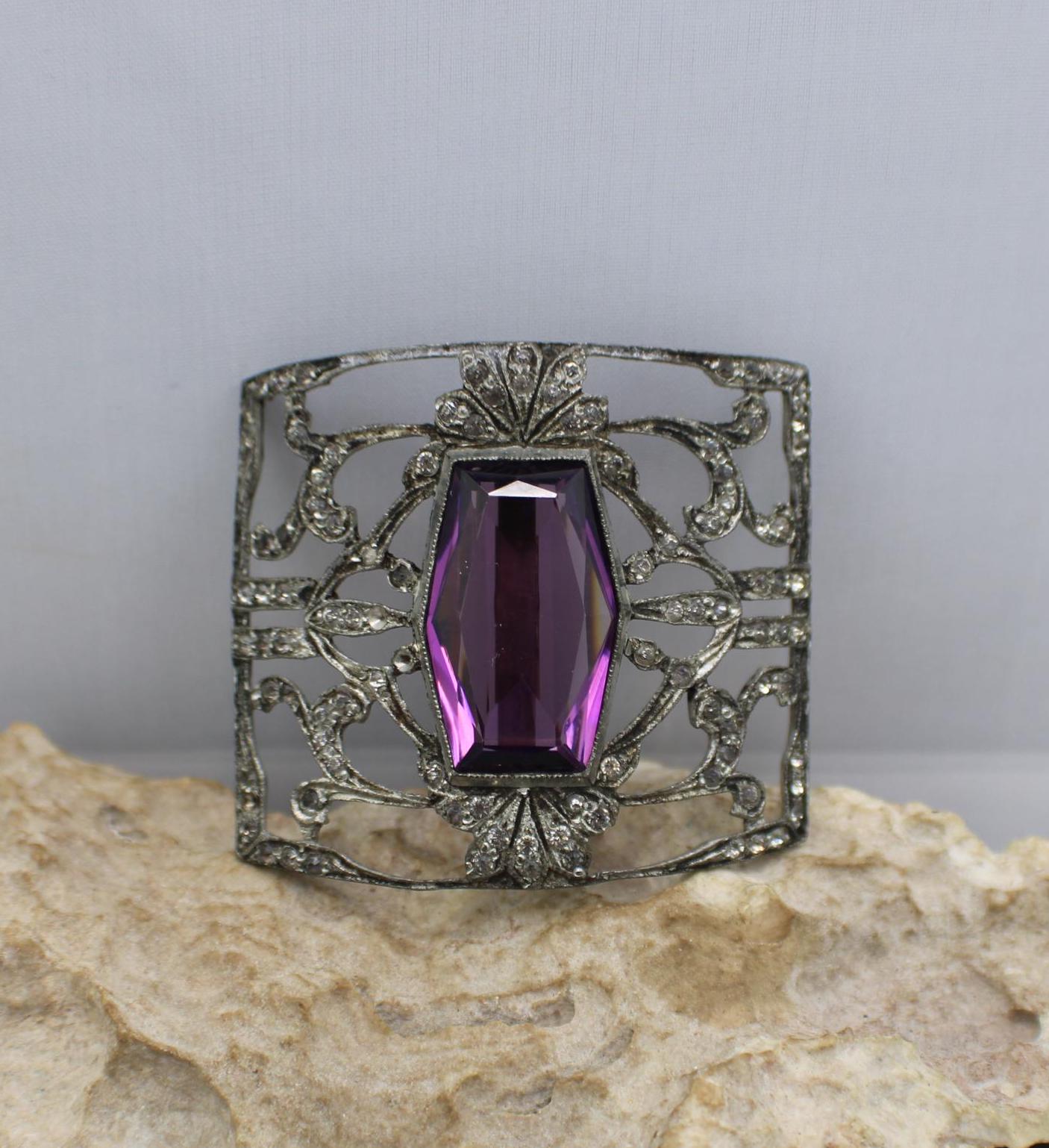 Vintage MGC Silver Tone Stones CZ Faceted Green Purple  display picture 3